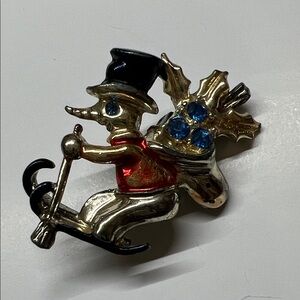 Vintage Snowman Brooch with Red and Blue Accents
